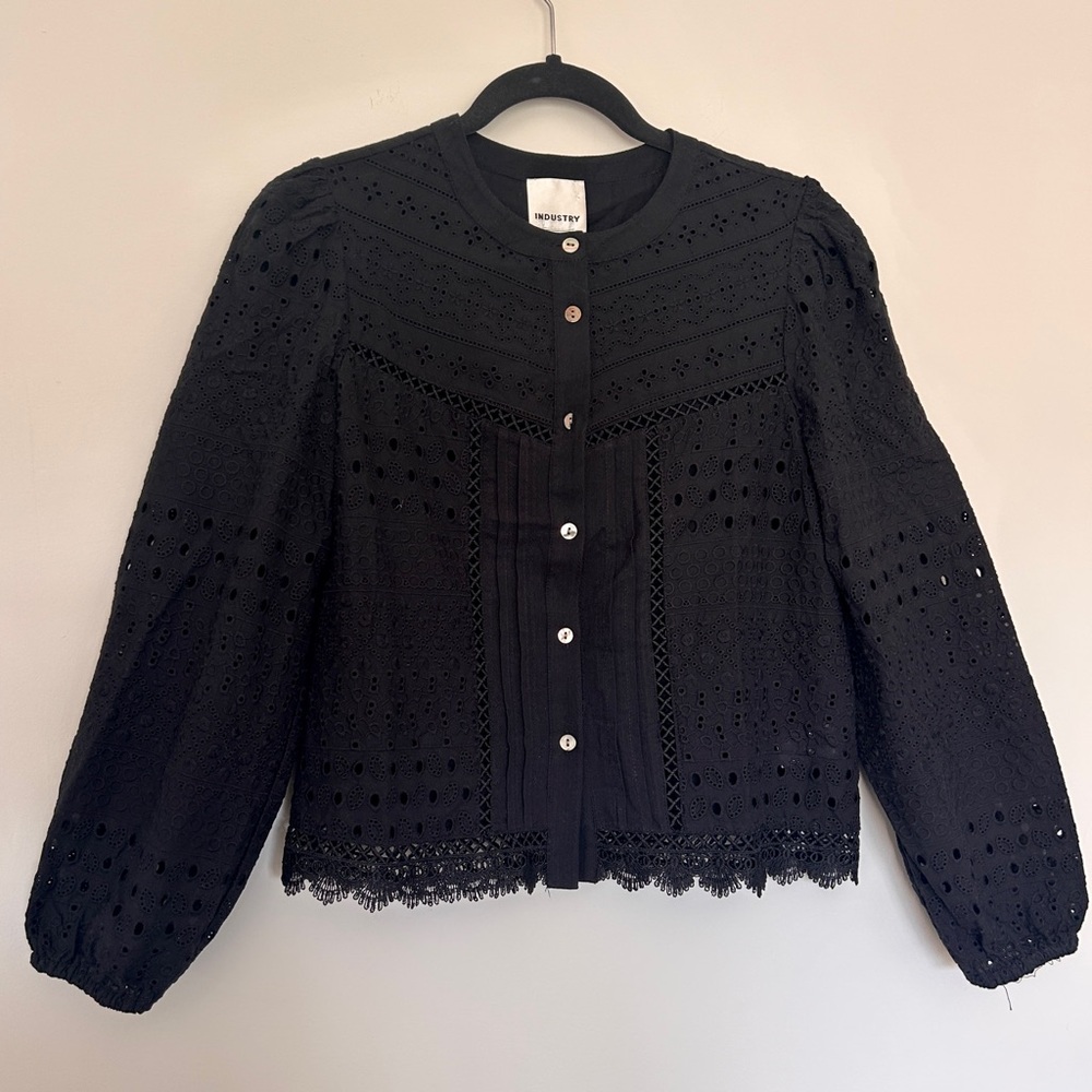 Black Eyelet Lace Button-Front Blouse